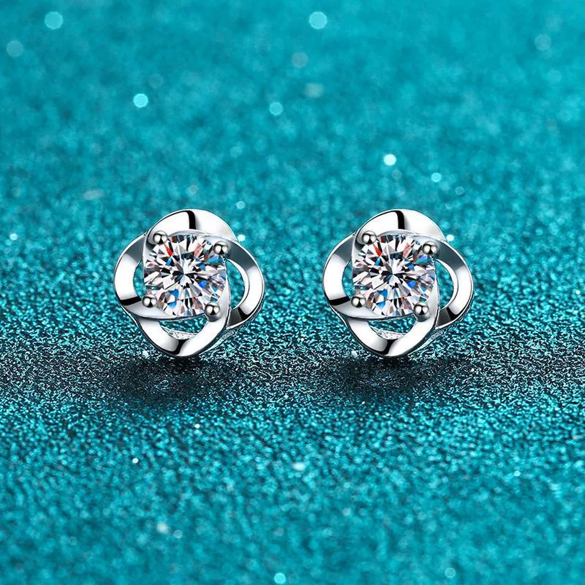 Floral Round Moissanite Stud Earrings in Rhodium-Plated S925 sterling silver product scene view showing front sparkle