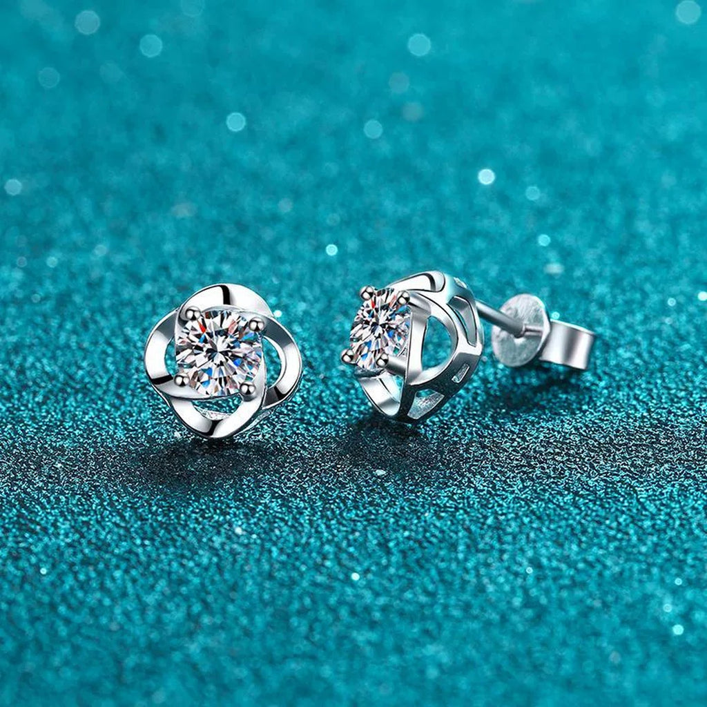 Floral Round Moissanite Stud Earrings in Rhodium-Plated S925 sterling silver product scene view showing angled setting detail