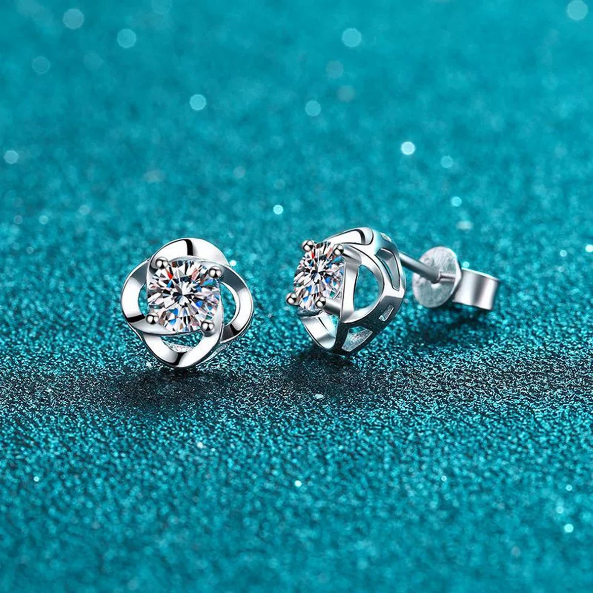 Floral Round Moissanite Stud Earrings in Rhodium-Plated S925 sterling silver product scene view showing angled setting detail