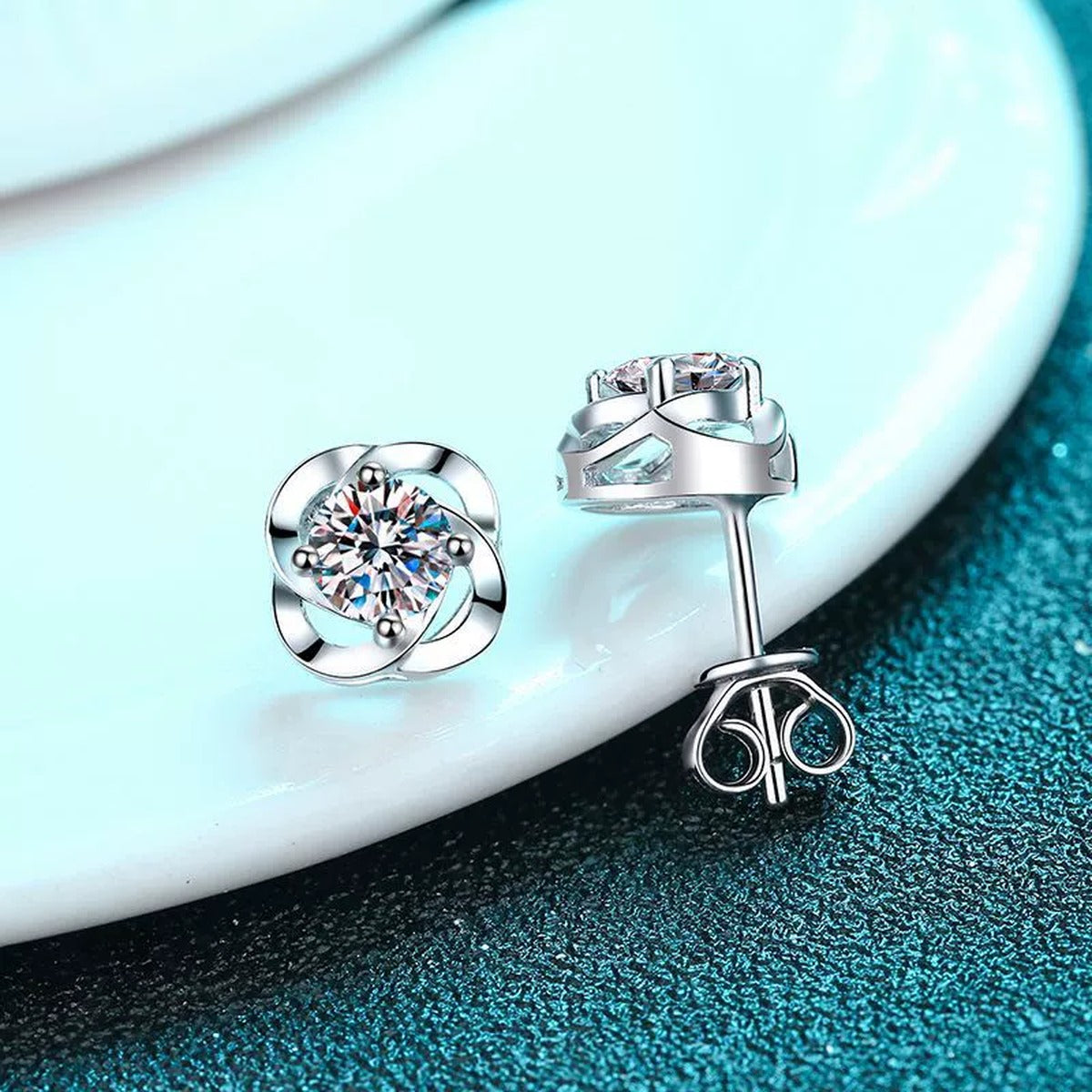 Floral Round Moissanite Stud Earrings in Rhodium-Plated S925 sterling silver product scene view showing side profile
