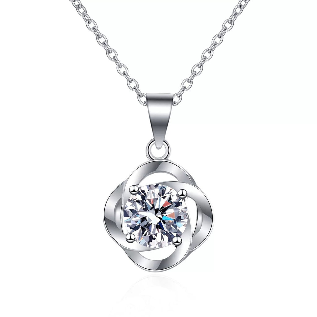 Round Moissanite Pendant Necklace in Rhodium-Plated S925 sterling silver on white background showing pendant shape and round moissanite