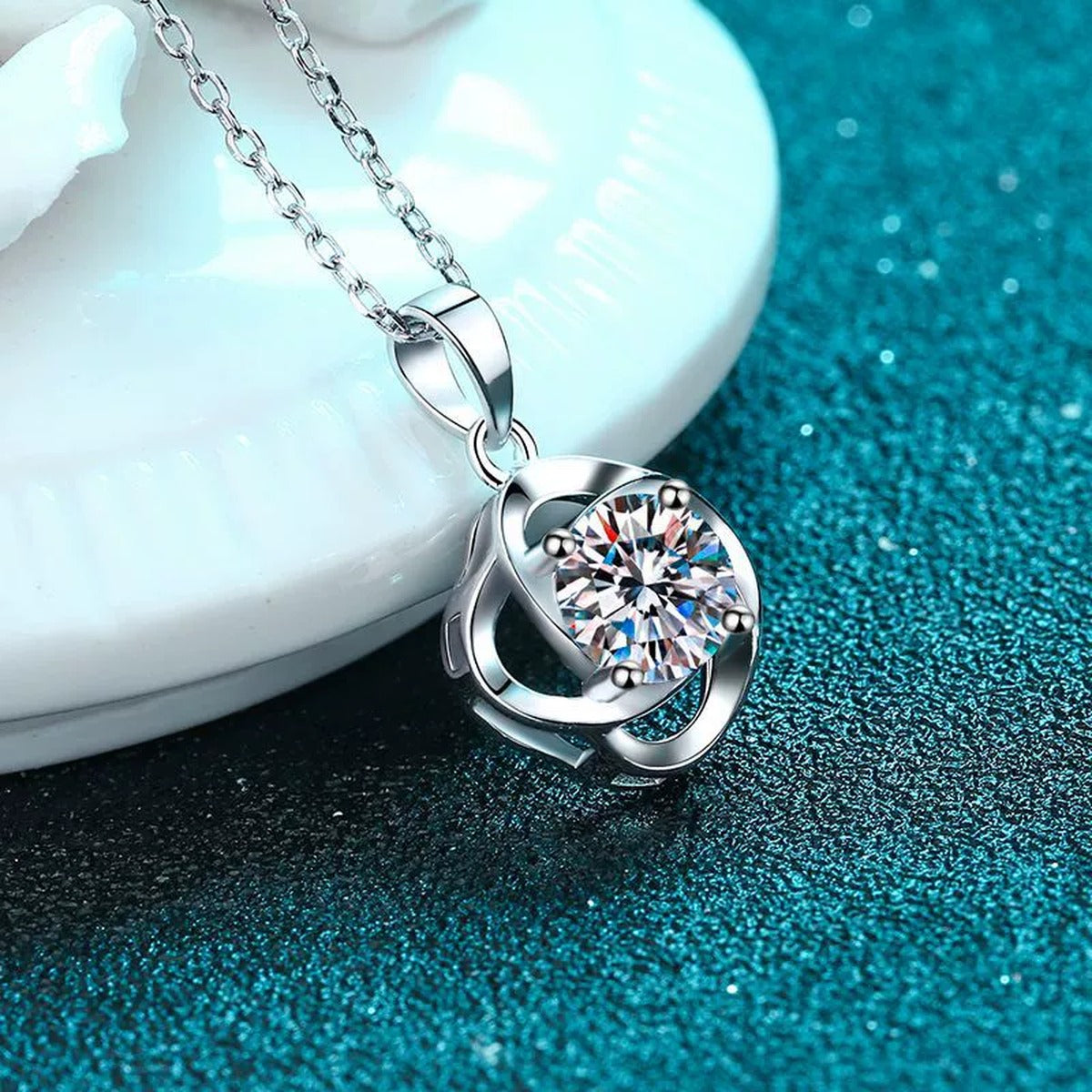 Round Moissanite Pendant Necklace in Rhodium-Plated S925 sterling silver product scene view showing pendant detail