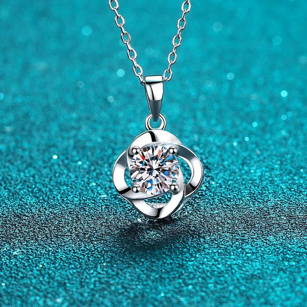 Round Moissanite Pendant Necklace in Rhodium-Plated S925 sterling silver product scene view showing chain and setting detail