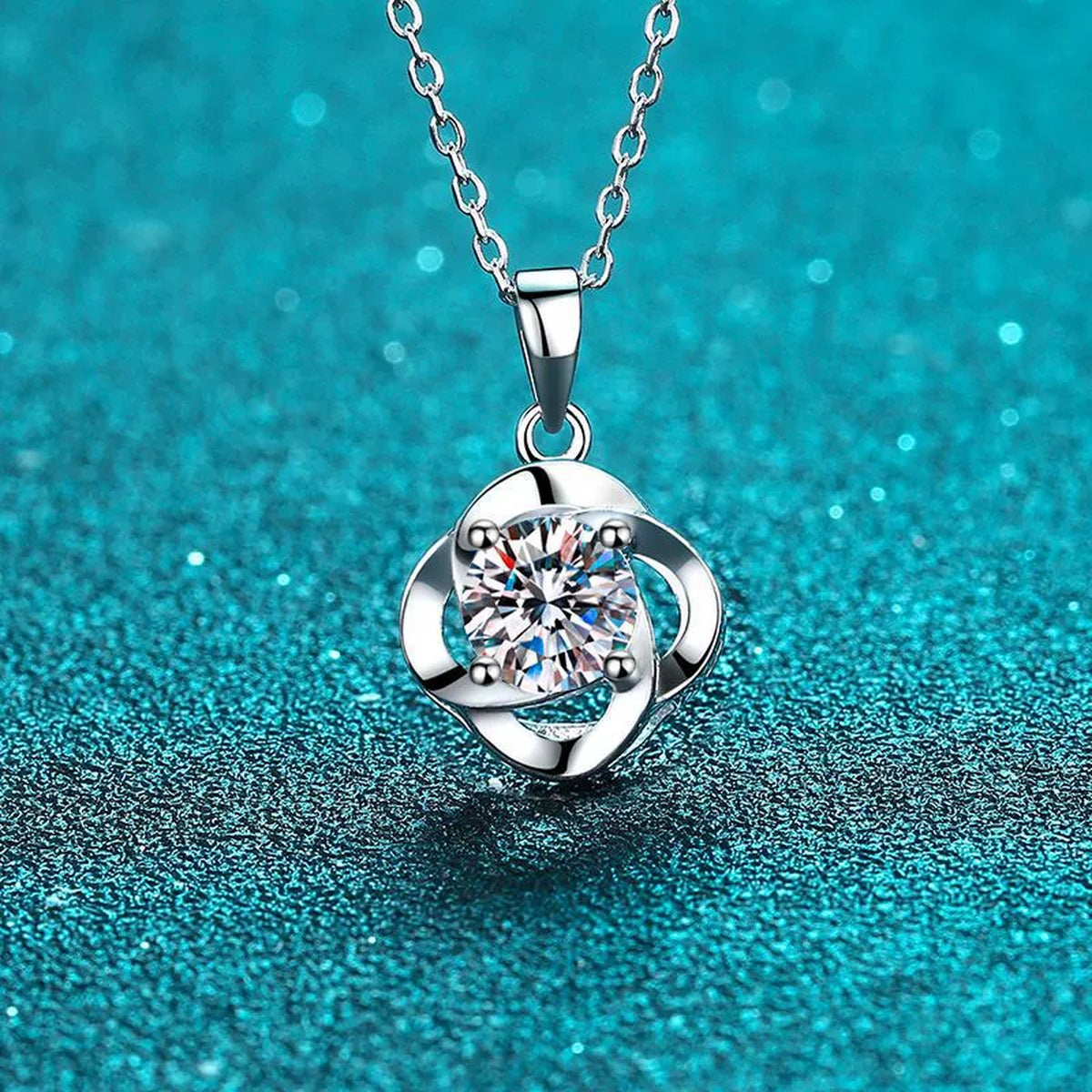 Round Moissanite Pendant Necklace in Rhodium-Plated S925 sterling silver product scene view showing chain and setting detail