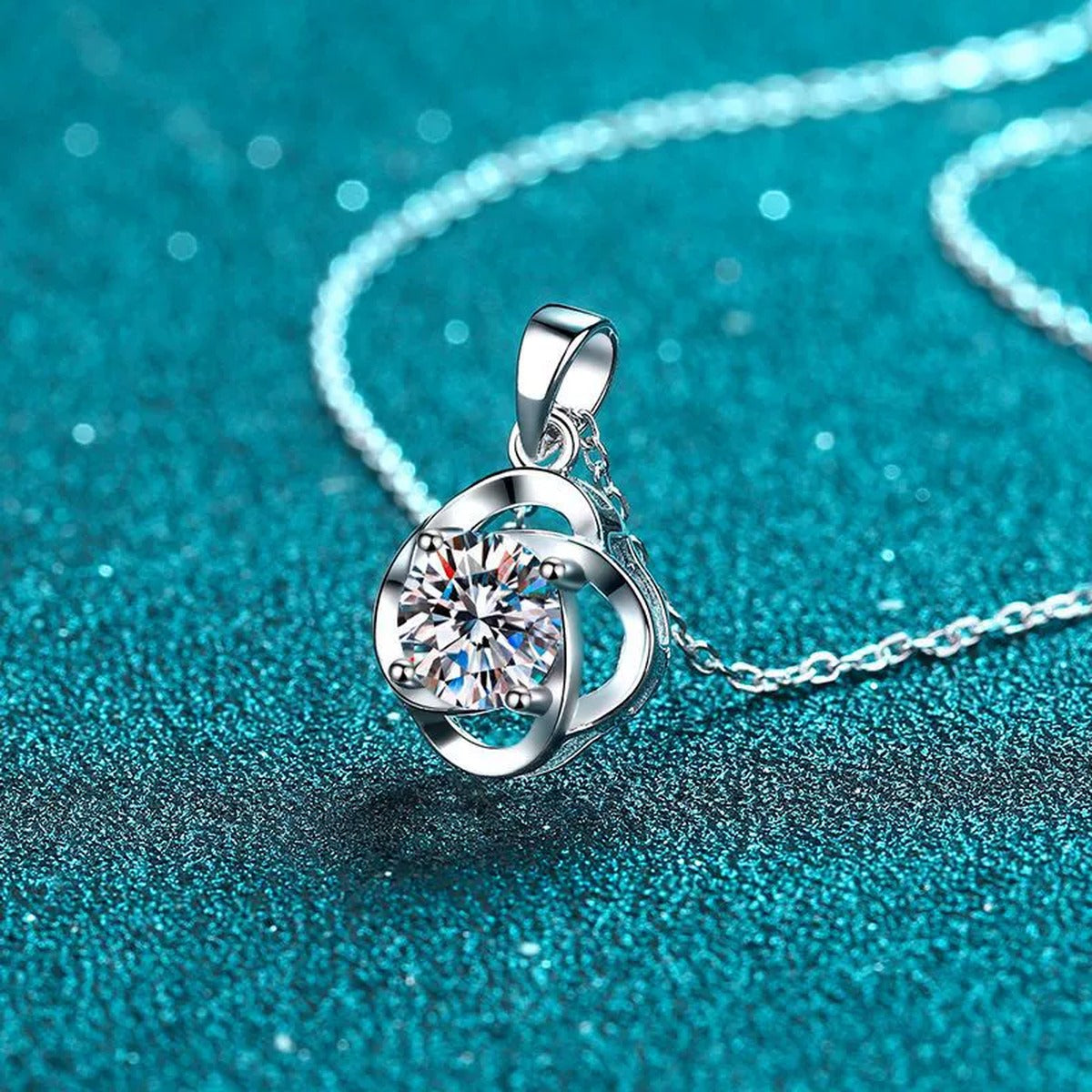 Round Moissanite Pendant Necklace in Rhodium-Plated S925 sterling silver product scene view showing angled sparkle