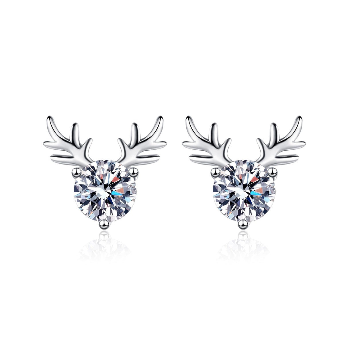 Deer Antler Moissanite Stud Earrings in Rhodium-Plated S925 sterling silver white background product photo showing the pair, stone shape, and stud earrings silhouette