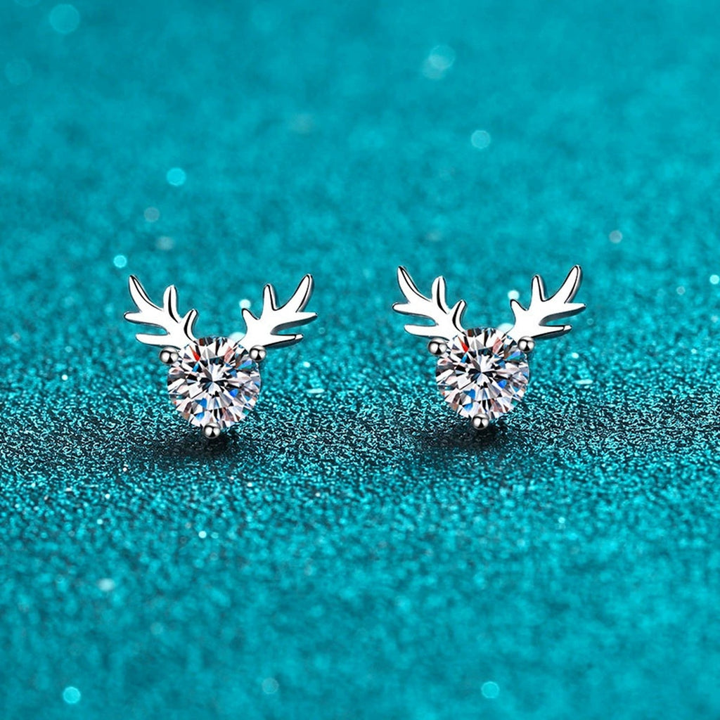 Deer Antler Moissanite Stud Earrings in Rhodium-Plated S925 sterling silver product scene view showing front sparkle
