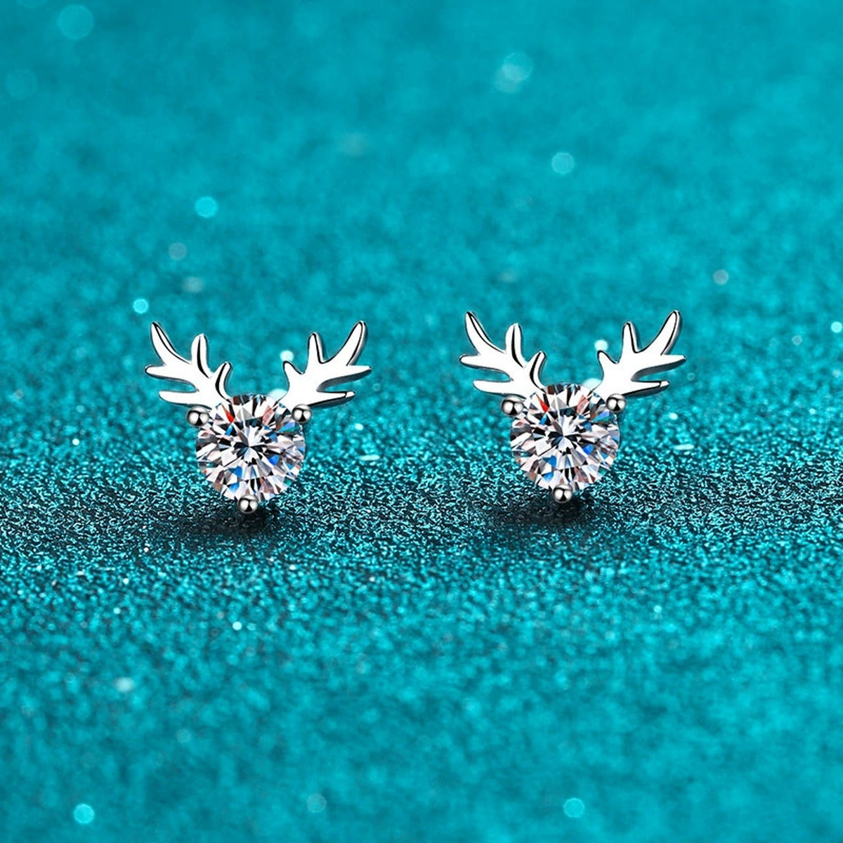 Deer Antler Moissanite Stud Earrings in Rhodium-Plated S925 sterling silver product scene view showing front sparkle