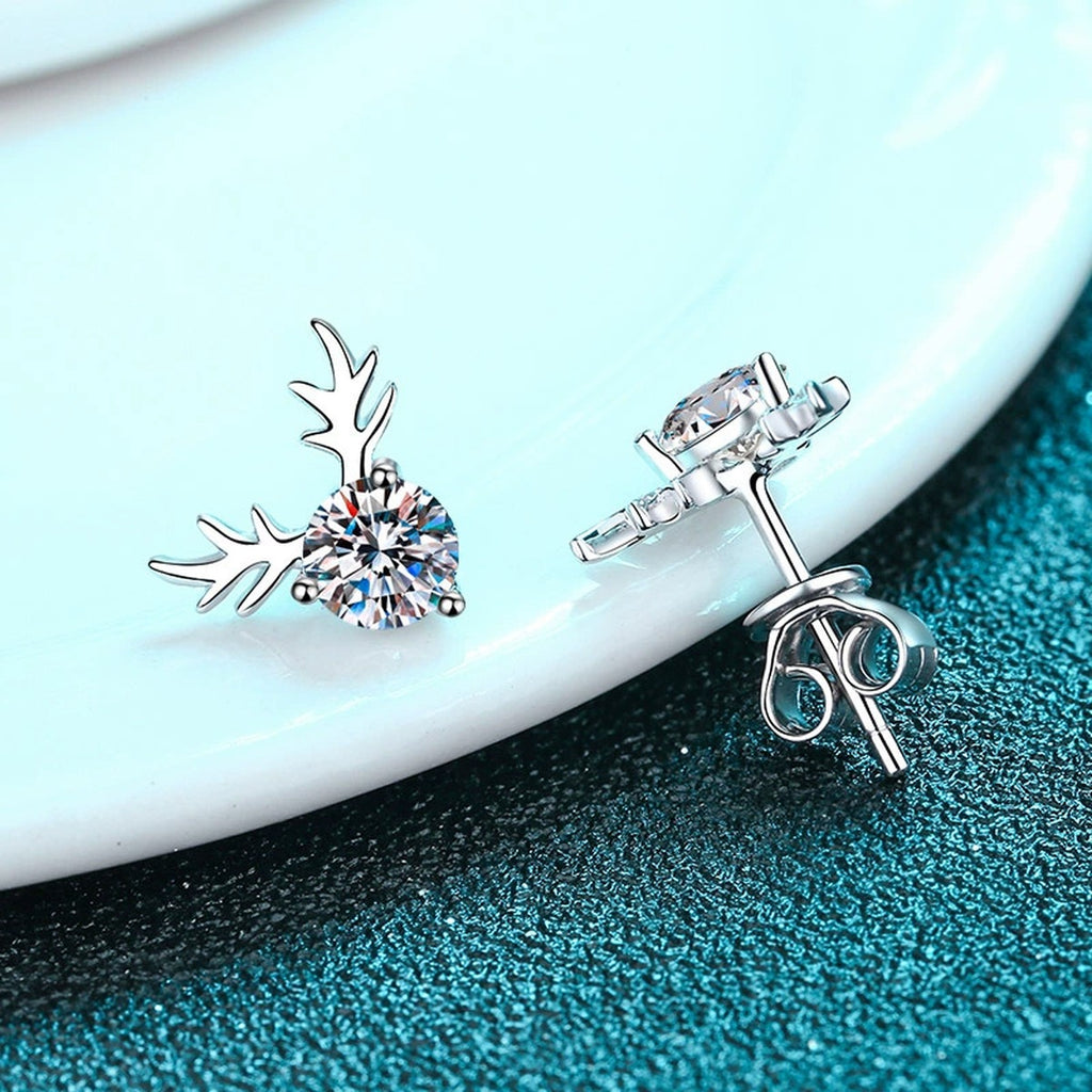 Deer Antler Moissanite Stud Earrings in Rhodium-Plated S925 sterling silver product scene view showing angled setting detail
