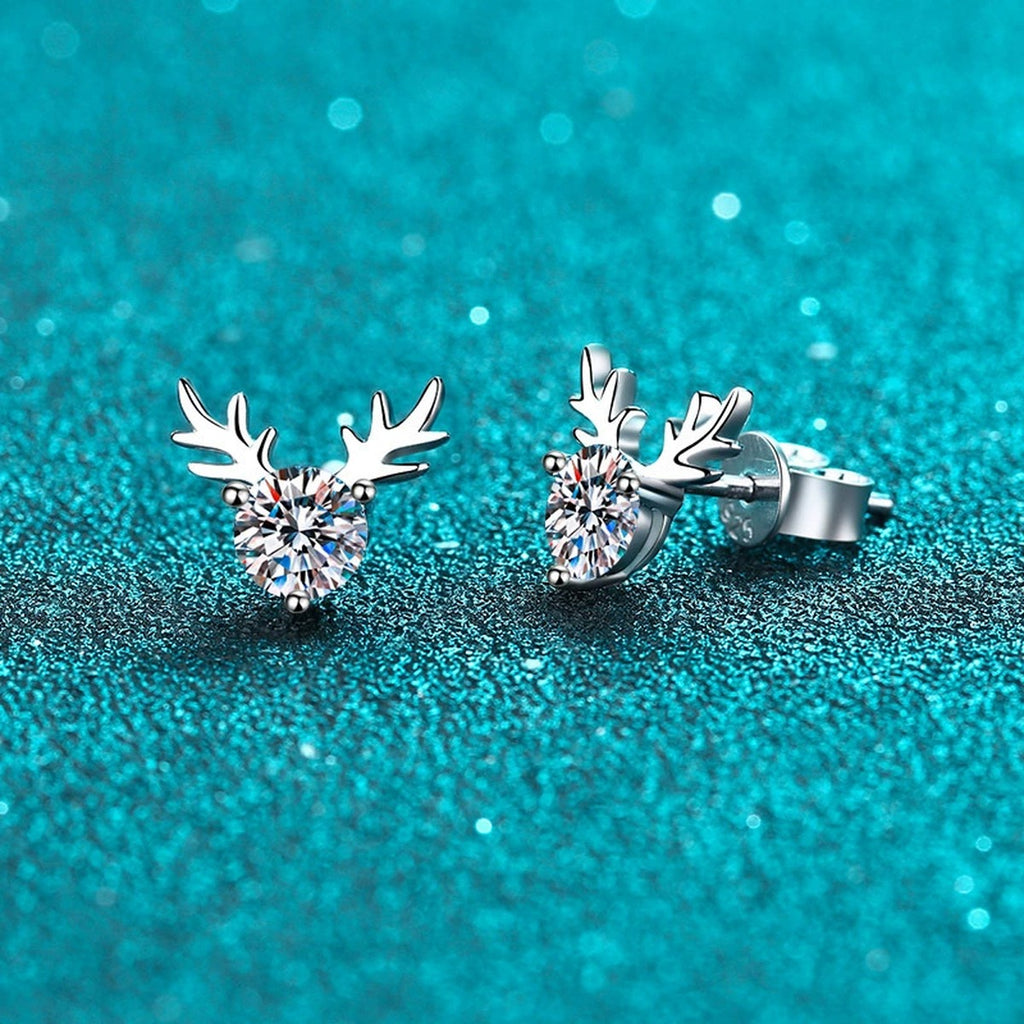 Deer Antler Moissanite Stud Earrings in Rhodium-Plated S925 sterling silver product scene view showing side profile