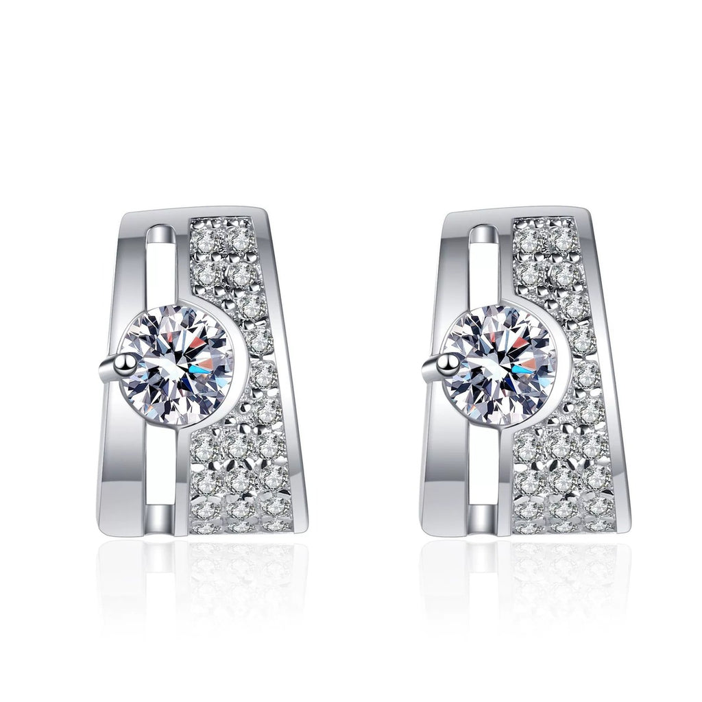 Geometric Moissanite Stud Drop Earrings with CZ in Rhodium-Plated S925 sterling silver white background product photo showing the pair, stone shape, and stud earrings silhouette