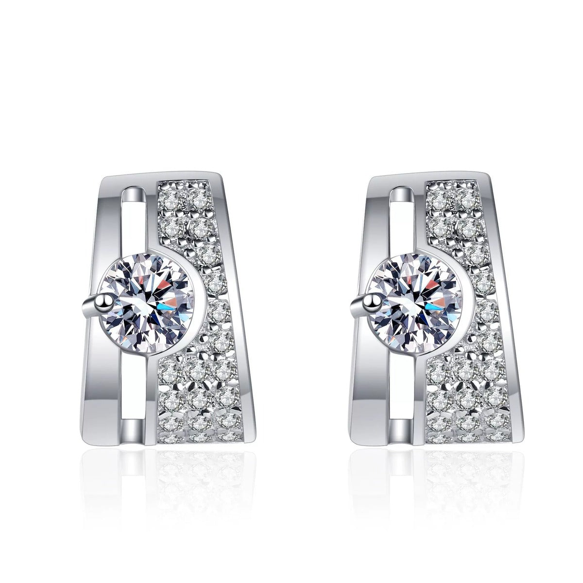Geometric Moissanite Stud Drop Earrings with CZ in Rhodium-Plated S925 sterling silver white background product photo showing the pair, stone shape, and stud earrings silhouette