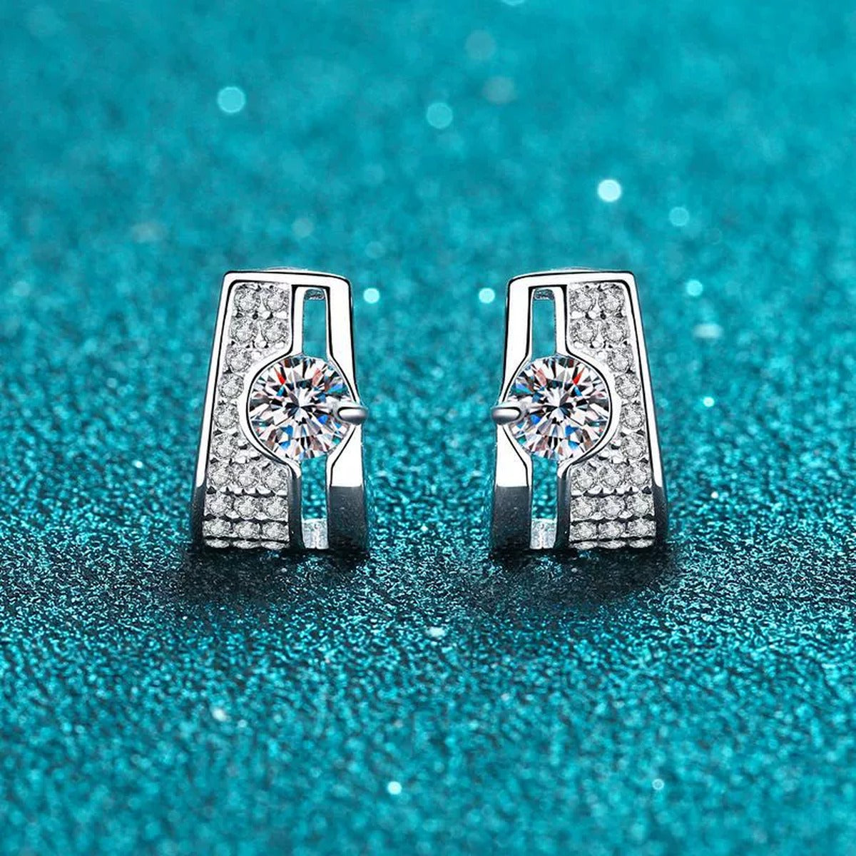 Geometric Moissanite Stud Drop Earrings with CZ in Rhodium-Plated S925 sterling silver product scene view showing front sparkle