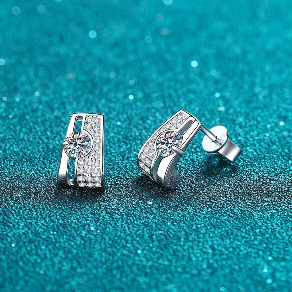 Geometric Moissanite Stud Drop Earrings with CZ in Rhodium-Plated S925 sterling silver product scene view showing angled setting detail
