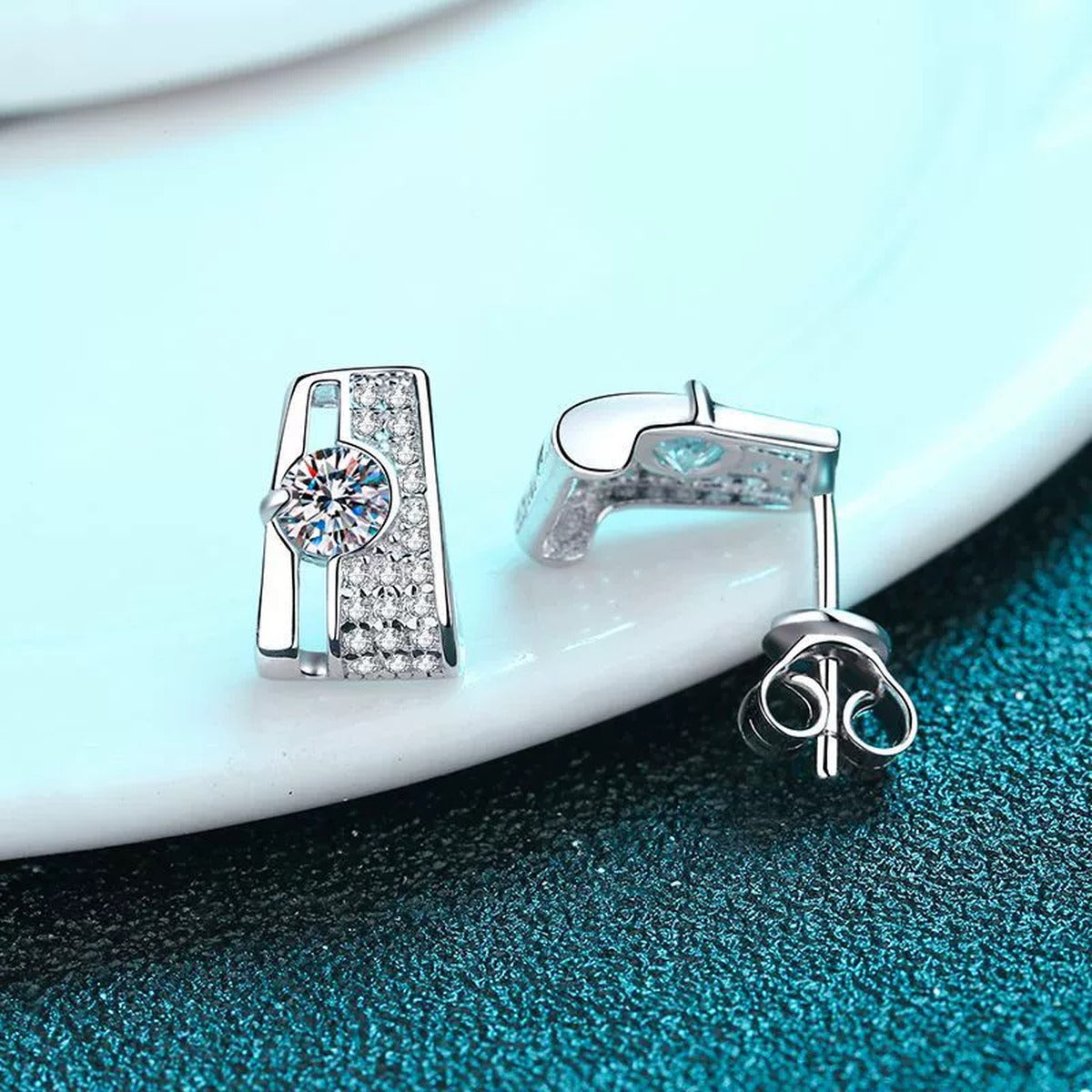 Geometric Moissanite Stud Drop Earrings with CZ in Rhodium-Plated S925 sterling silver product scene view showing side profile