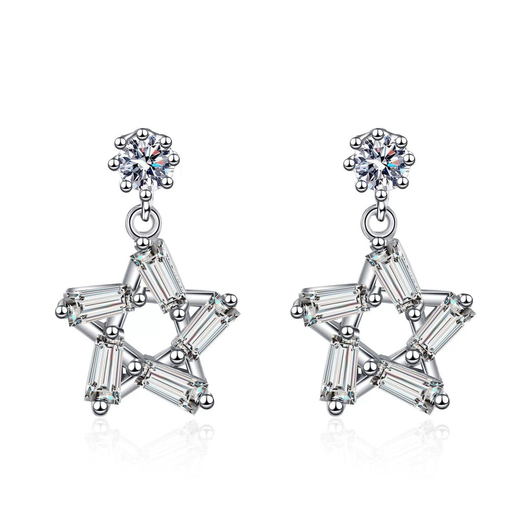 Star Moissanite Stud Dangle Earrings with CZ in Rhodium-Plated S925 sterling silver white background product photo showing the pair, stone shape, and stud dangle earrings silhouette