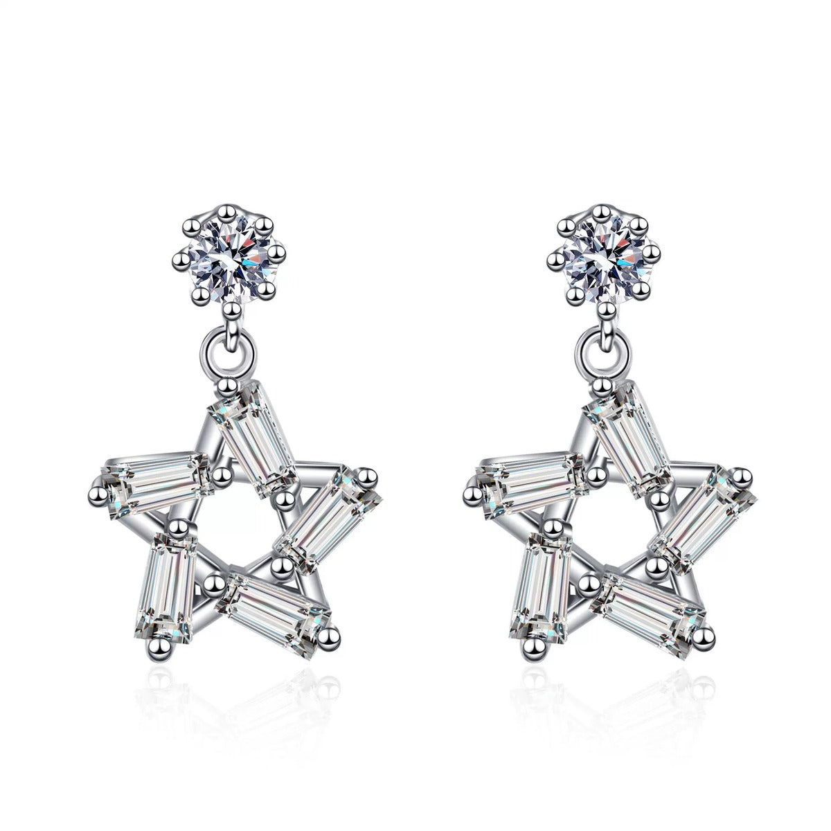 Star Moissanite Stud Dangle Earrings with CZ in Rhodium-Plated S925 sterling silver white background product photo showing the pair, stone shape, and stud dangle earrings silhouette
