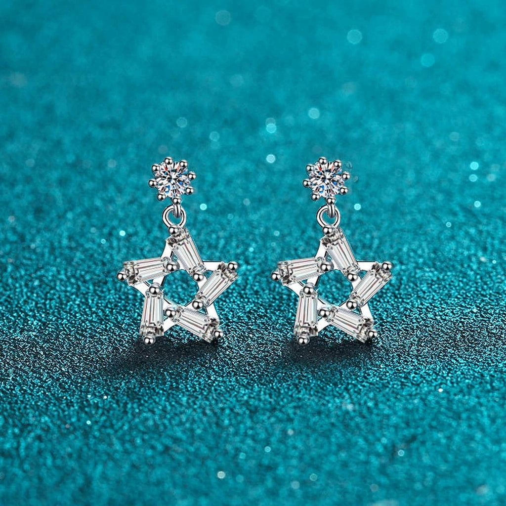 Star Moissanite Stud Dangle Earrings with CZ in Rhodium-Plated S925 sterling silver product scene view showing front sparkle