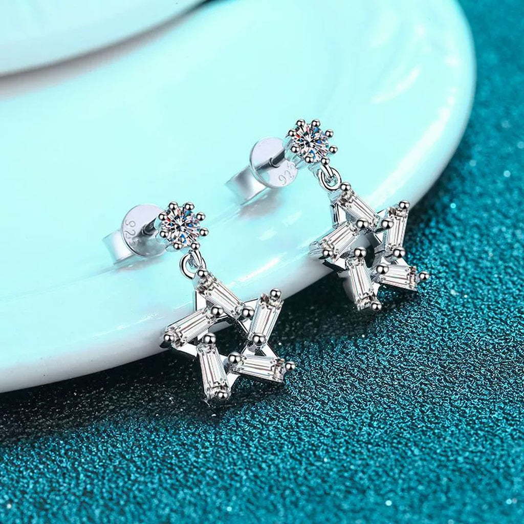 Star Moissanite Stud Dangle Earrings with CZ in Rhodium-Plated S925 sterling silver product scene view showing angled setting detail