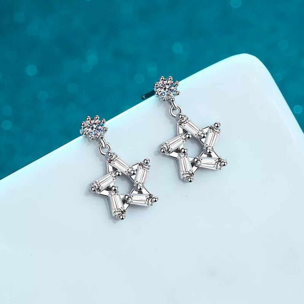 Star Moissanite Stud Dangle Earrings with CZ in Rhodium-Plated S925 sterling silver product scene view showing side profile
