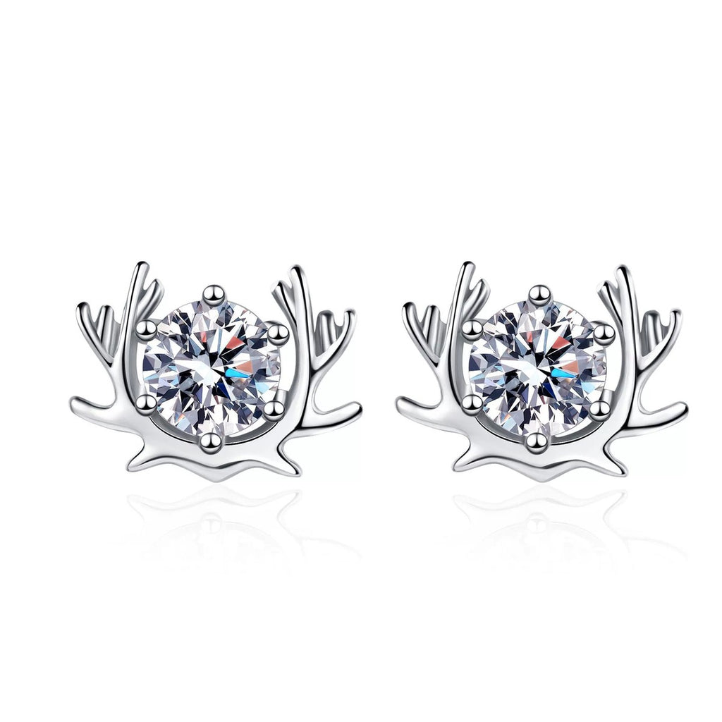 Deer Antler Moissanite Stud Earrings in Rhodium-Plated S925 sterling silver white background product photo showing the pair, stone shape, and stud earrings silhouette