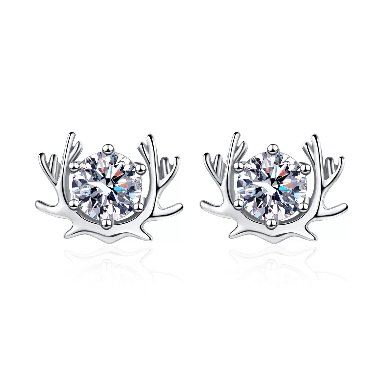 Deer Antler Moissanite Stud Earrings in Rhodium-Plated S925 sterling silver white background product photo showing the pair, stone shape, and stud earrings silhouette