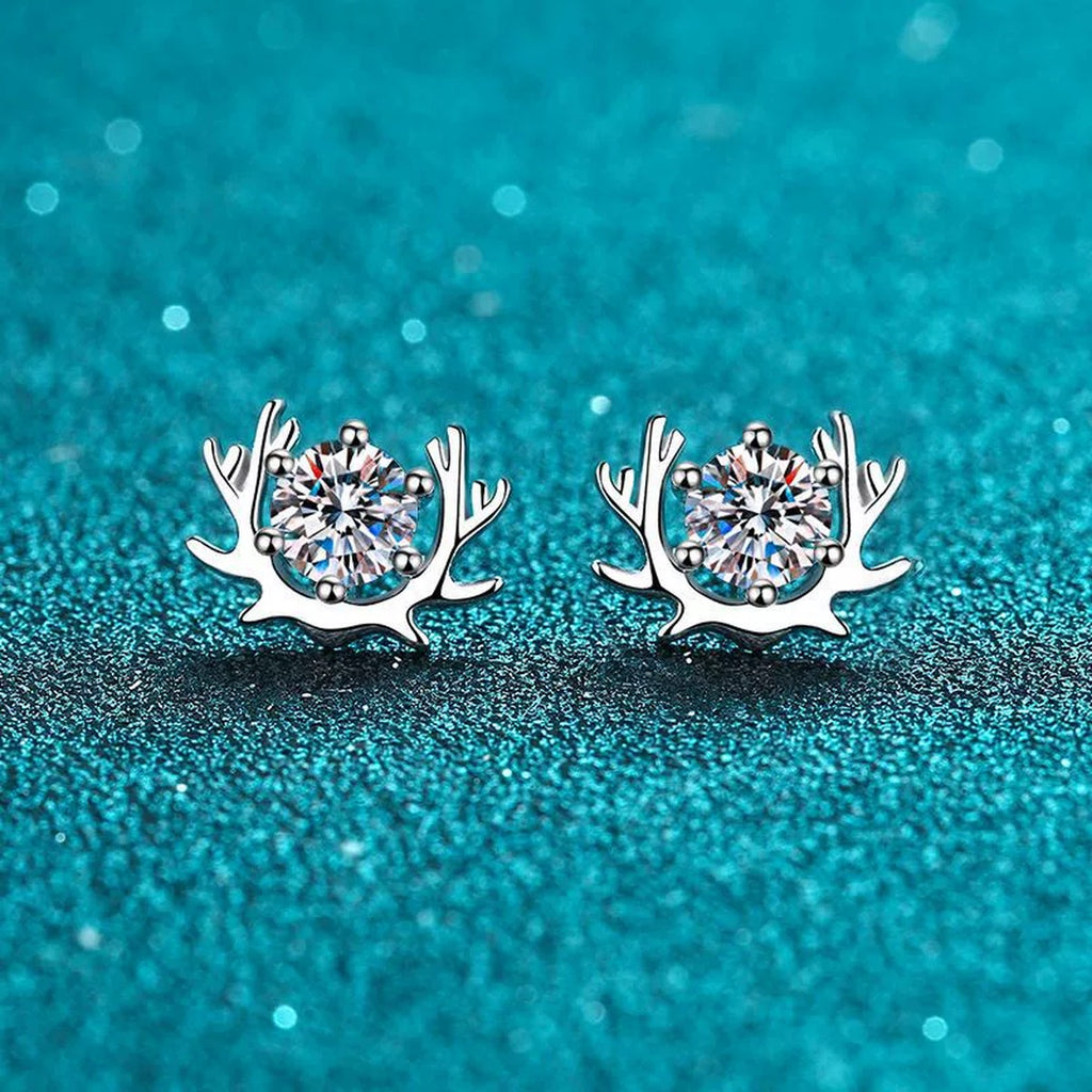 Deer Antler Moissanite Stud Earrings in Rhodium-Plated S925 sterling silver product scene view showing front sparkle
