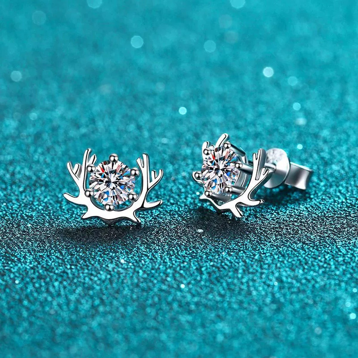 Deer Antler Moissanite Stud Earrings in Rhodium-Plated S925 sterling silver product scene view showing angled setting detail