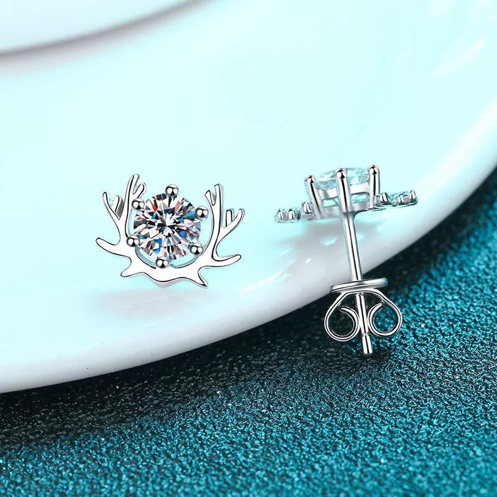 Deer Antler Moissanite Stud Earrings in Rhodium-Plated S925 sterling silver product scene view showing side profile