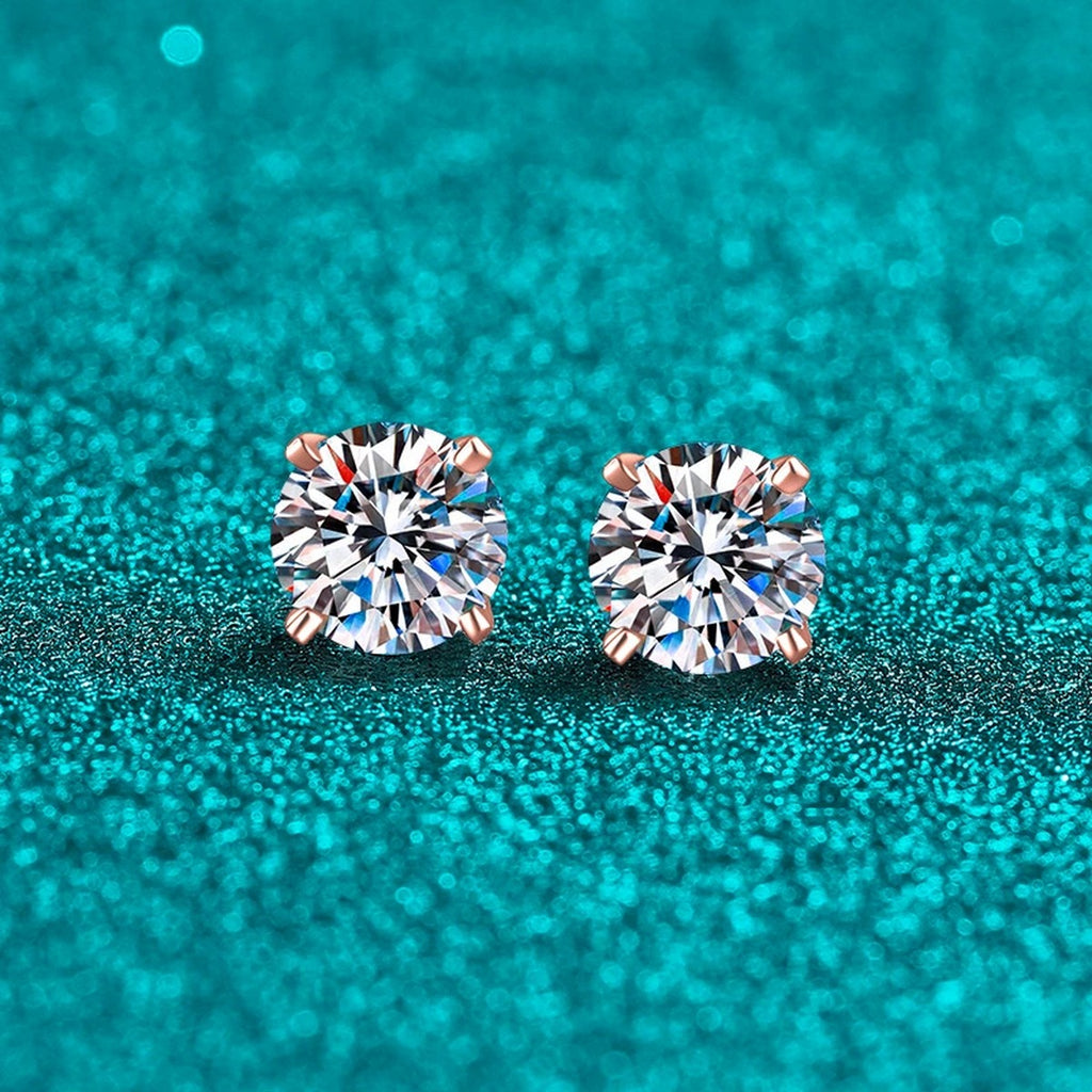 Round Moissanite Stud Earrings in Champion Gold-Plated S925 sterling silver product scene view showing angled setting detail