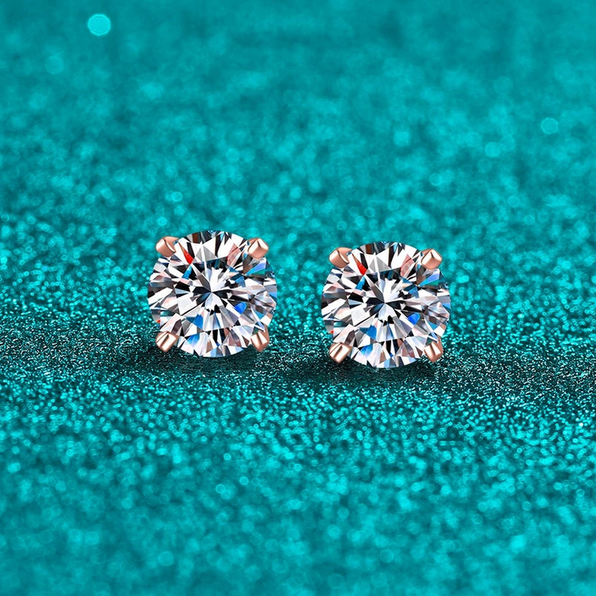 Round Moissanite Stud Earrings in Champion Gold-Plated S925 sterling silver product scene view showing angled setting detail
