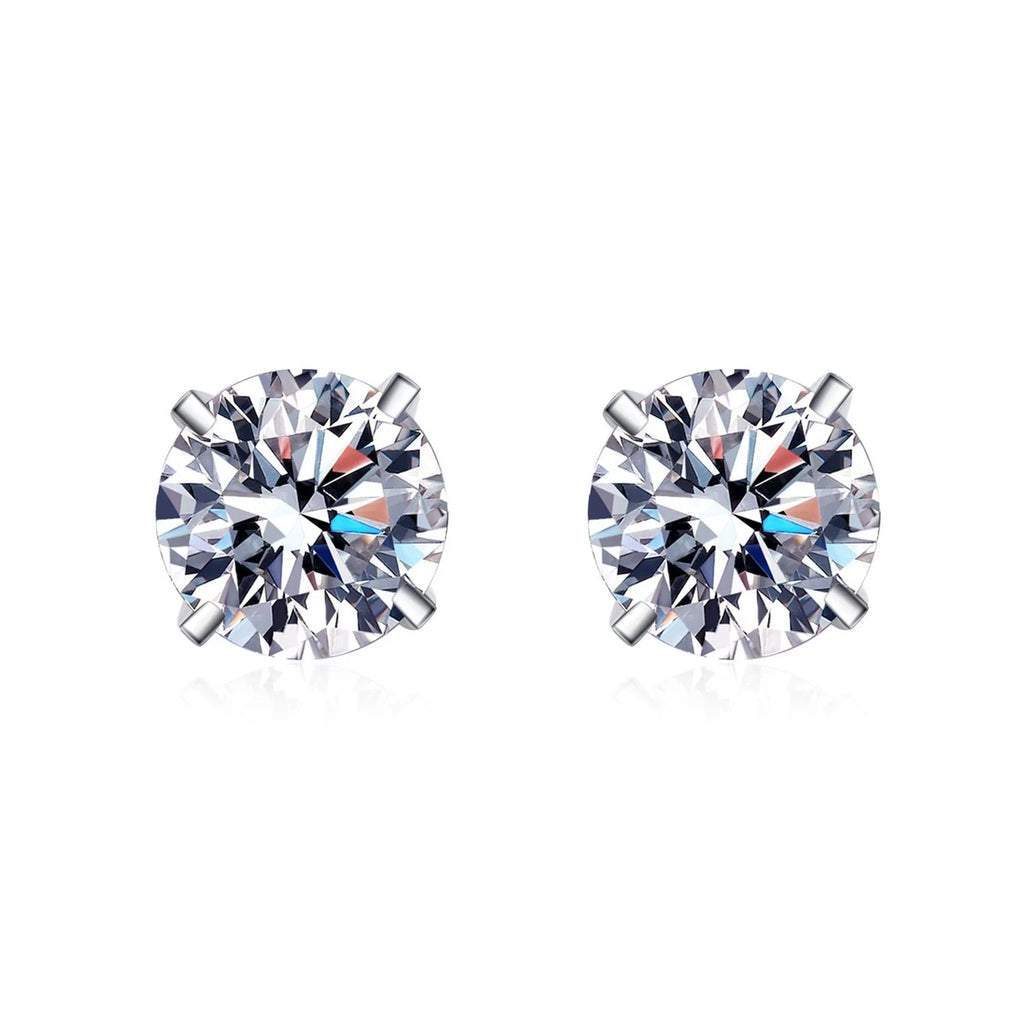 Round Moissanite Stud Earrings in Rhodium-Plated S925 sterling silver white background product photo showing the pair, stone shape, and stud earrings silhouette
