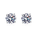 Round Moissanite Stud Earrings in Rhodium-Plated S925 sterling silver white background product photo showing the pair, stone shape, and stud earrings silhouette