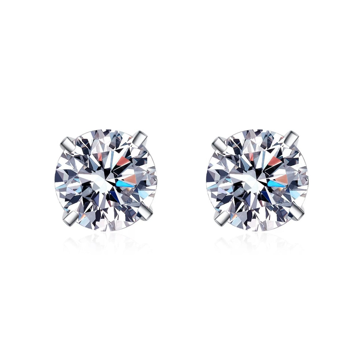 Round Moissanite Stud Earrings in Rhodium-Plated S925 sterling silver white background product photo showing the pair, stone shape, and stud earrings silhouette