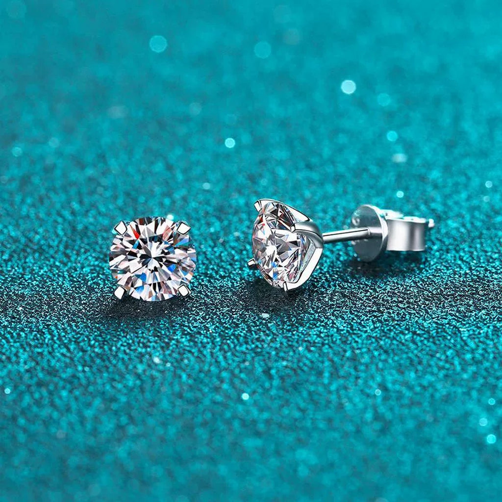 Round Moissanite Stud Earrings in Rhodium-Plated S925 sterling silver product scene view showing front sparkle