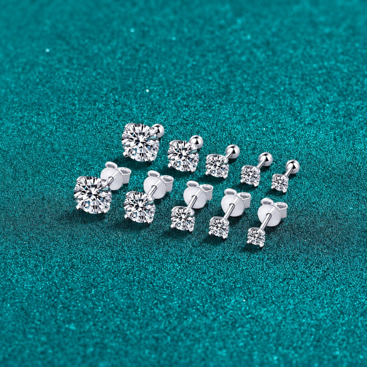 Round Moissanite Stud Earrings in Rhodium-Plated S925 sterling silver product scene view showing side profile