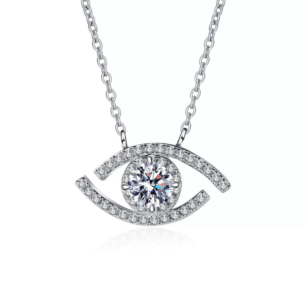 All-Seeing Eye Moissanite Pendant Necklace with CZ in Rhodium-Plated S925 sterling silver on white background showing pendant shape and round moissanite