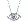 All-Seeing Eye Moissanite Pendant Necklace with CZ in Rhodium-Plated S925 sterling silver on white background showing pendant shape and round moissanite