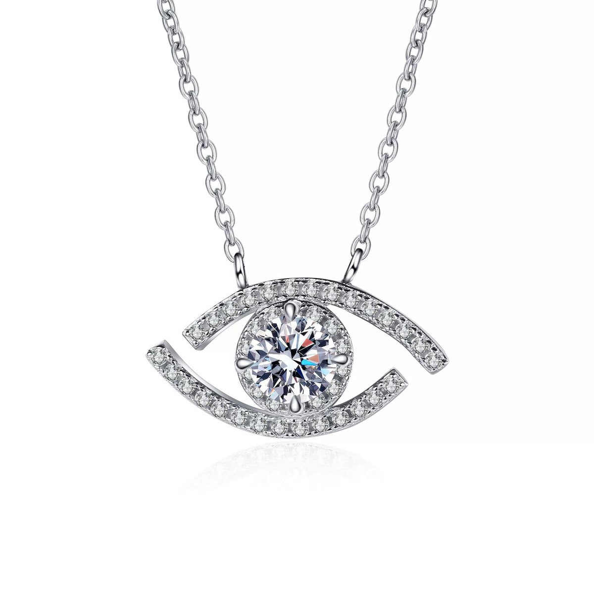 All-Seeing Eye Moissanite Pendant Necklace with CZ in Rhodium-Plated S925 sterling silver on white background showing pendant shape and round moissanite