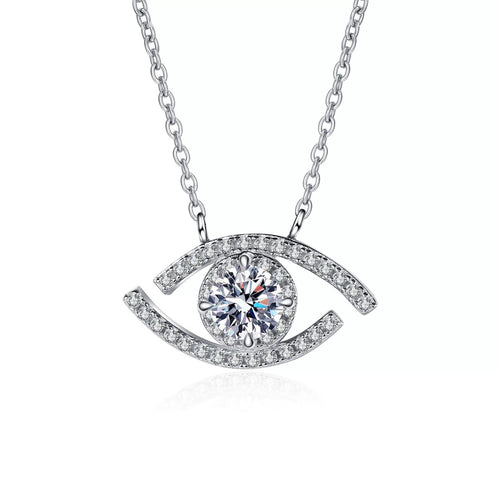All-Seeing Eye Moissanite Pendant Necklace with CZ in Rhodium-Plated S925 sterling silver on white background showing pendant shape and round moissanite