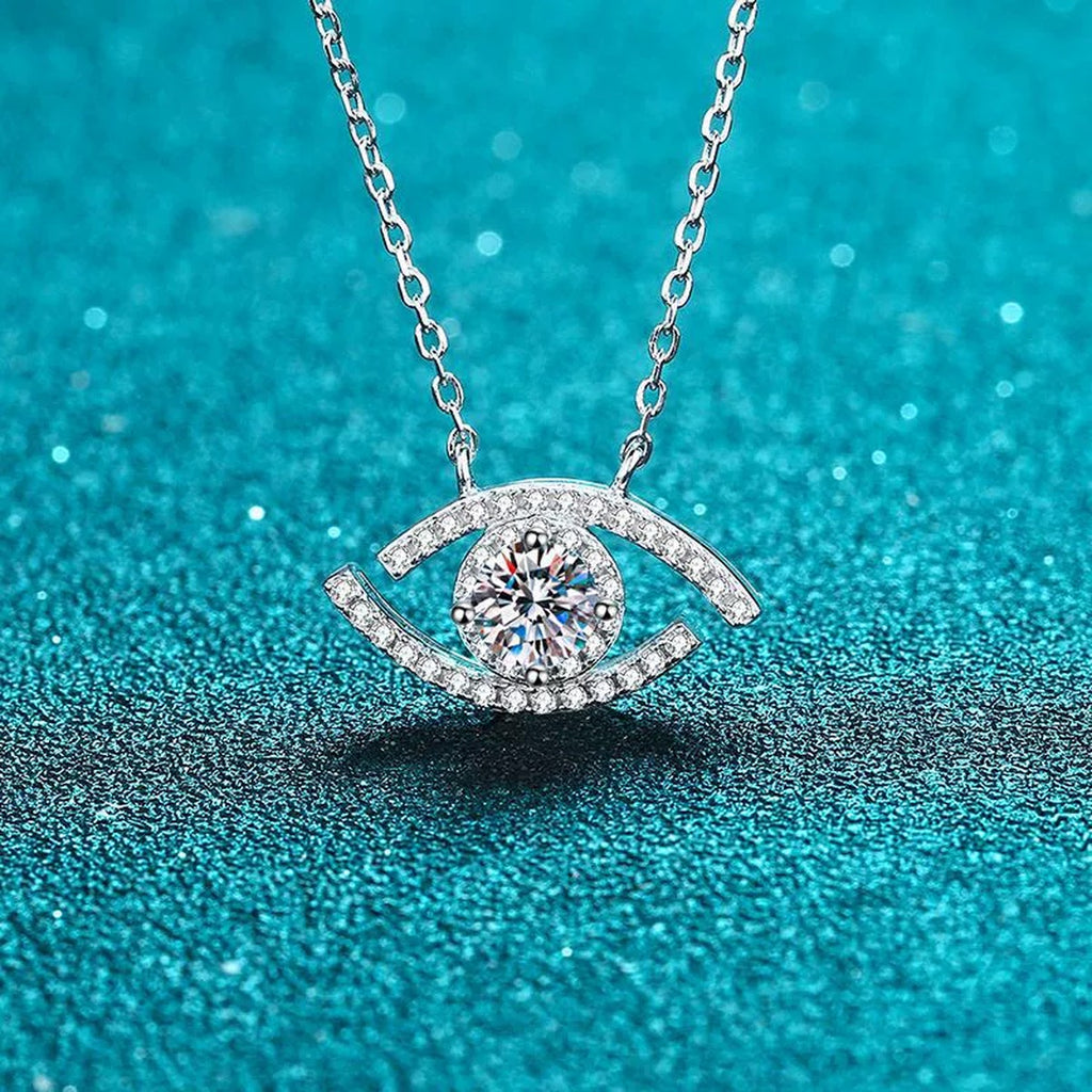 All-Seeing Eye Moissanite Pendant Necklace with CZ in Rhodium-Plated S925 sterling silver product scene view showing pendant detail