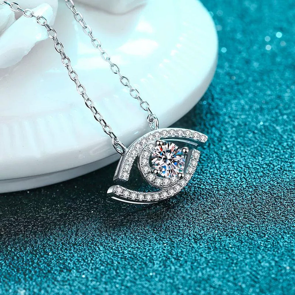 All-Seeing Eye Moissanite Pendant Necklace with CZ in Rhodium-Plated S925 sterling silver product scene view showing chain and setting detail