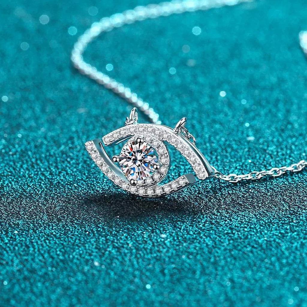 All-Seeing Eye Moissanite Pendant Necklace with CZ in Rhodium-Plated S925 sterling silver product scene view showing angled sparkle