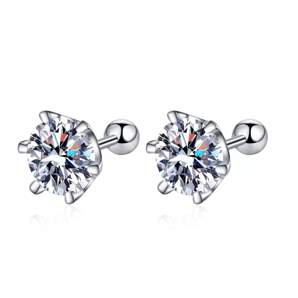 Round Moissanite Stud Earrings in Rhodium-Plated S925 sterling silver white background product photo showing the pair, stone shape, and stud earrings silhouette