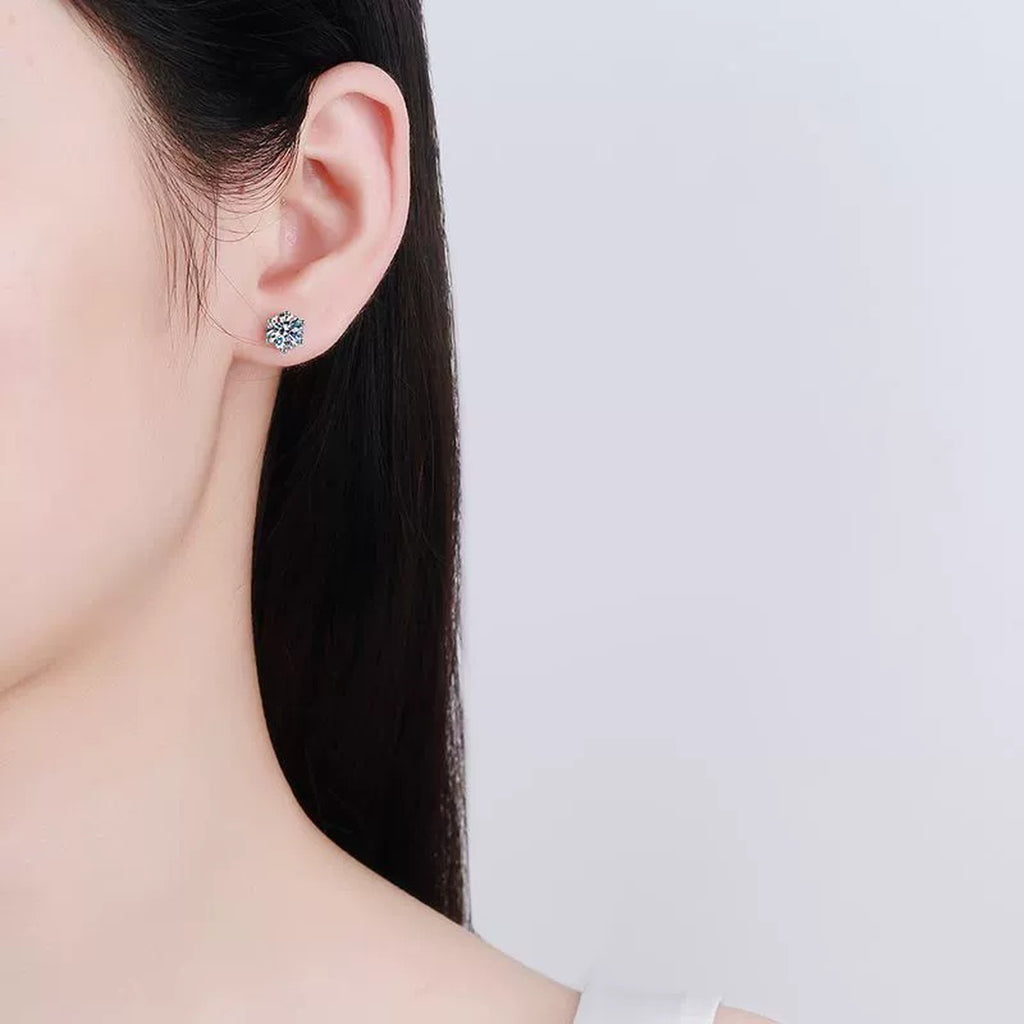 Round Moissanite Stud Earrings in Rhodium-Plated S925 sterling silver worn on ear by model showing scale, placement, and stud earrings styling