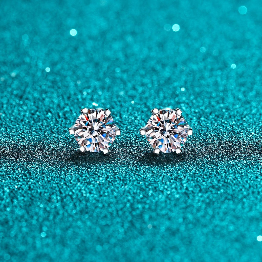 Round Moissanite Stud Earrings in Rhodium-Plated S925 sterling silver product scene view showing front sparkle
