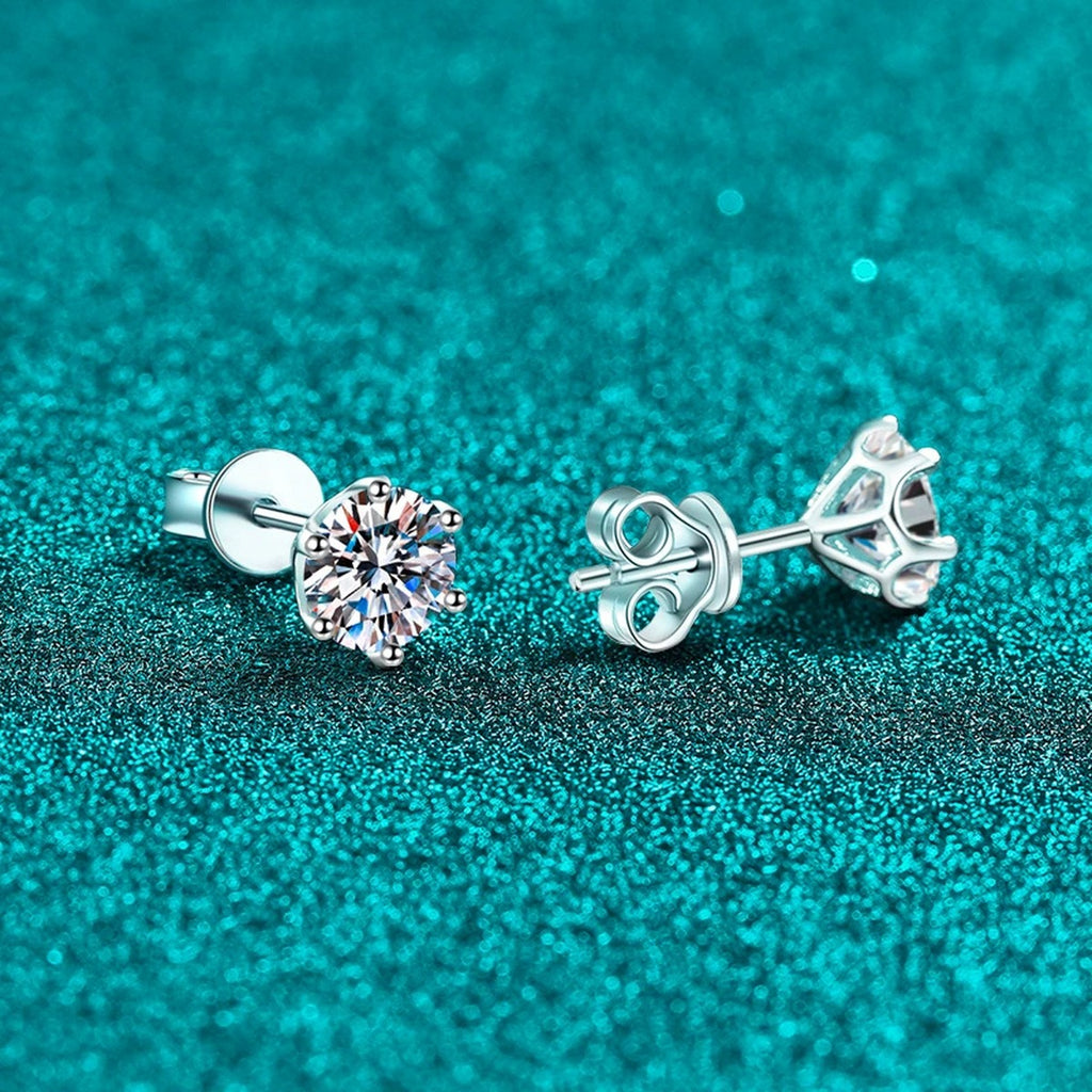 Round Moissanite Stud Earrings in Rhodium-Plated S925 sterling silver product scene view showing angled setting detail