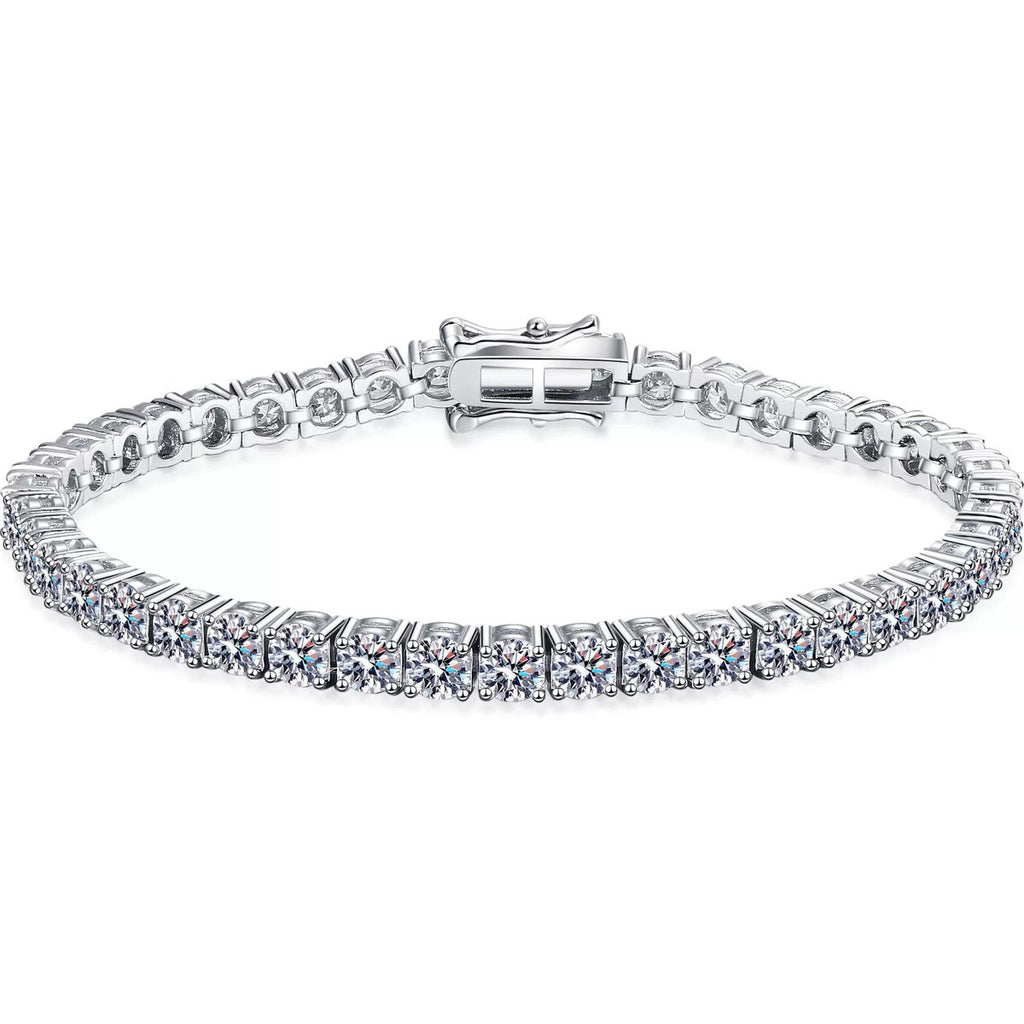 Tennis Moissanite Bracelet in Rhodium-Plated S925 sterling silver white background product photo showing bracelet shape and moissanite setting