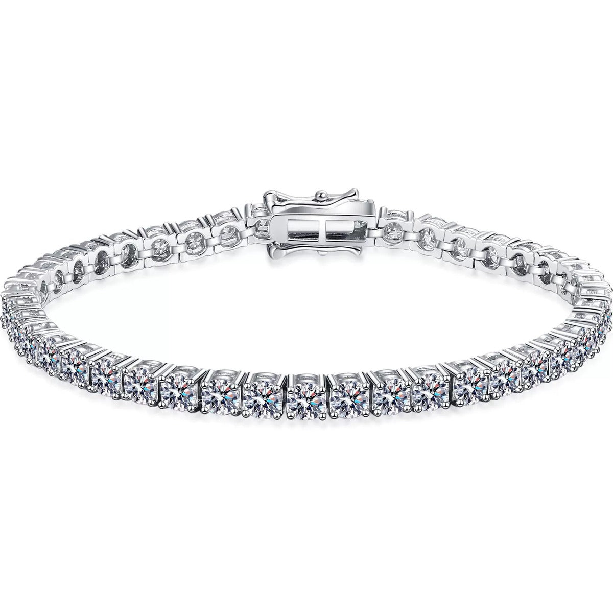 Tennis Moissanite Bracelet in Rhodium-Plated S925 sterling silver white background product photo showing bracelet shape and moissanite setting