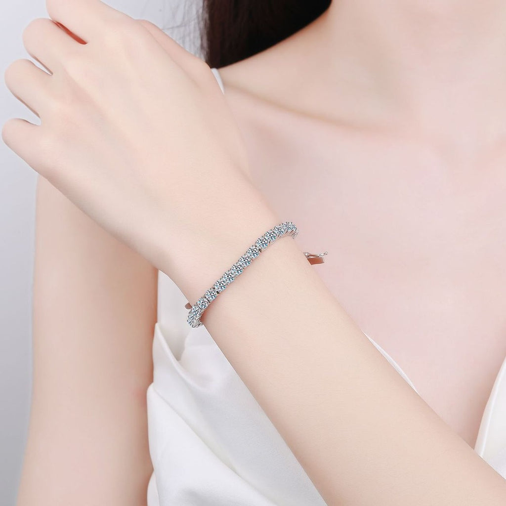Tennis Moissanite Bracelet in Rhodium-Plated S925 sterling silver worn on wrist model view showing scale and adjustable fit